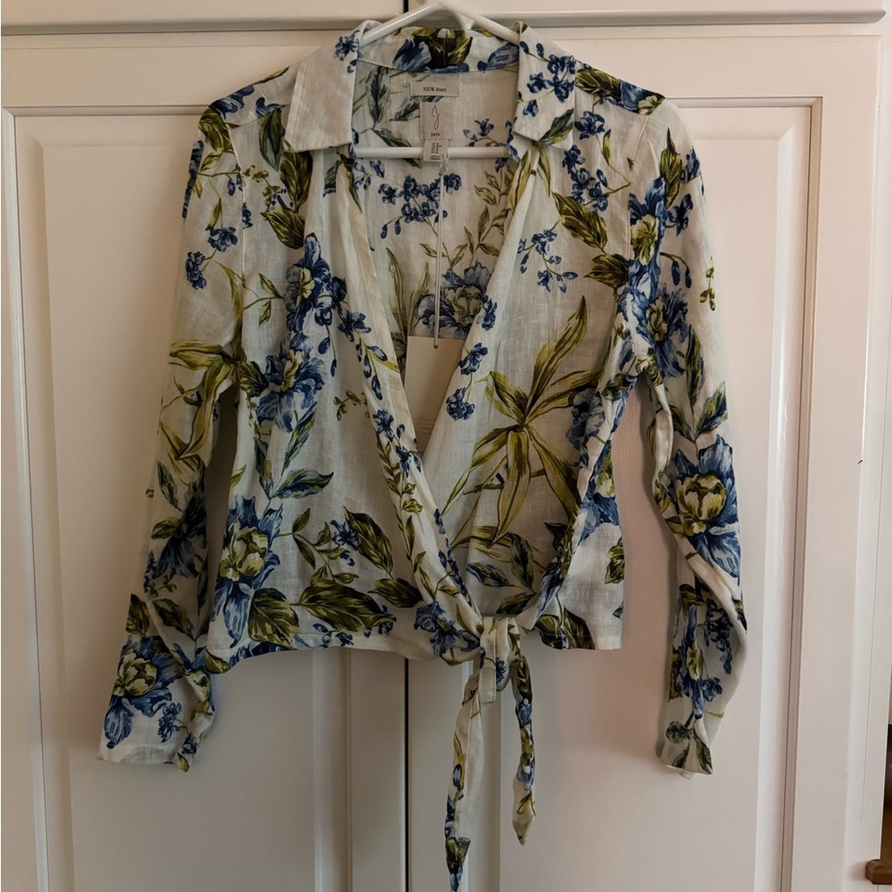 Joie Floral Wrap Blouse - White, Blue, and Green